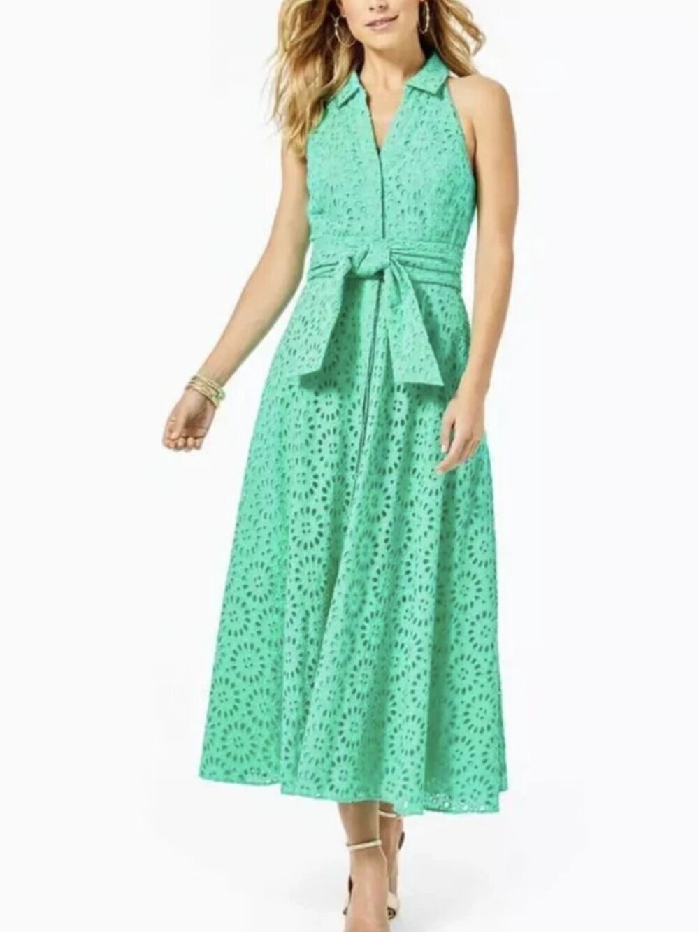Lilly Pulitzer Chrisella Dress Eyelet Belted Shirt Midi Sleeveless Green Size 4